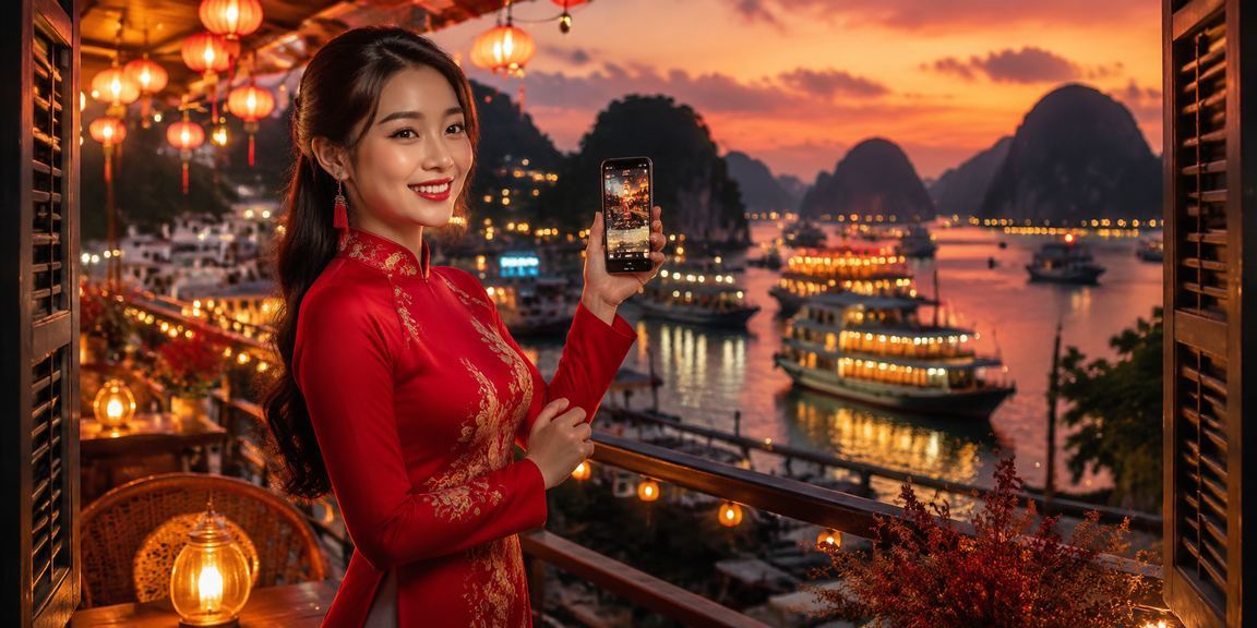Phụ nữ mặc áo dài sử dụng điện thoại xem phân tích kèo tại vịnh Hạ Long